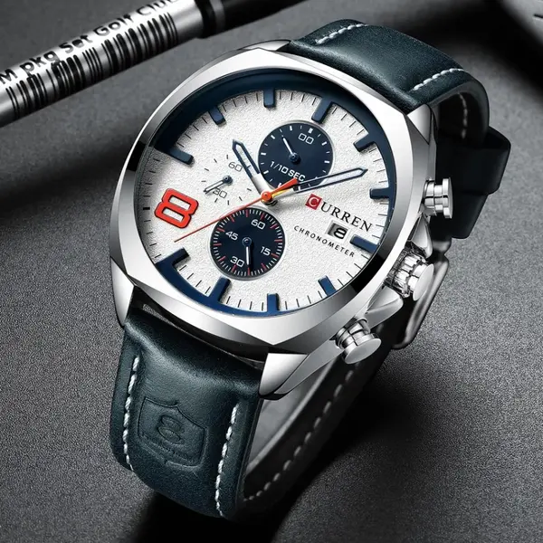 Curren 8324 Genuine Leather Strap Quartz Chronograph Men's Watch – Dial Color: White, Strap Color: Black – View 3
