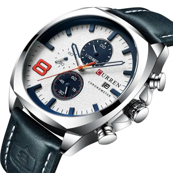 Curren 8324 Genuine Leather Strap Quartz Chronograph Men's Watch – Dial Color: White, Strap Color: Black – View 2
