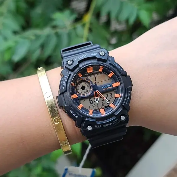 CASIO AEQ-200W-1A2VDF Resin Body Multifunctional Backlit Analog-Digital Men's Wristwatch – Dial Color: Orange, Strap Color: Black – View 3