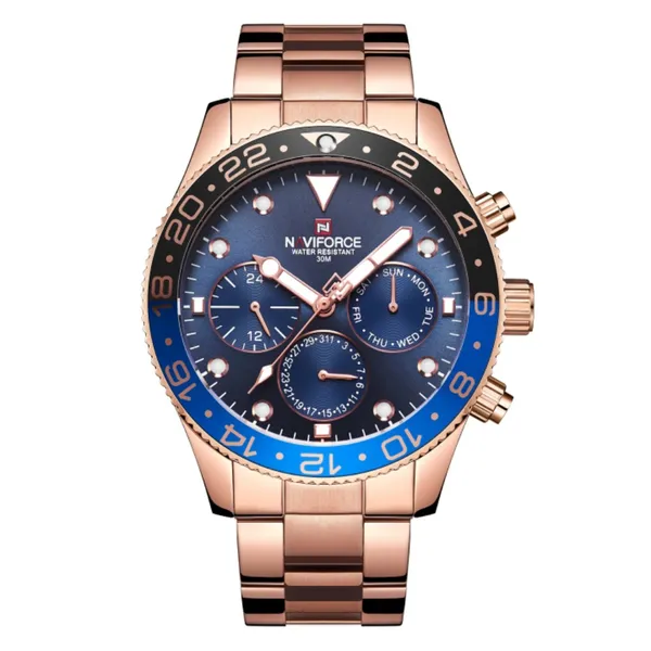NAVIFORCE 9147 Fashion Full Steel Waterproof Casual Quartz Men's Watch – Dial Color: Blue, Strap Color: Rose – View 1