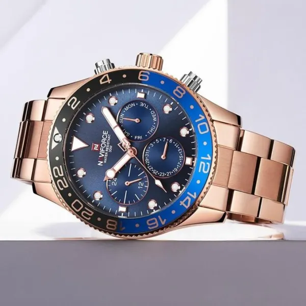 NAVIFORCE 9147 Fashion Full Steel Waterproof Casual Quartz Men's Watch – Dial Color: Blue, Strap Color: Rose – View 3