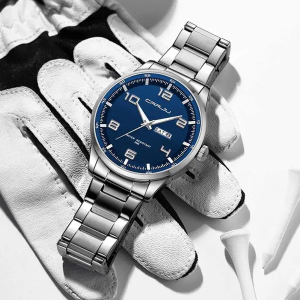 CRRJU 5005 Classic Stainless Steel Multifunctional Analog Quartz Fashion Men's Watch – Dial Color: Blue, Strap Color: Silver – View 2