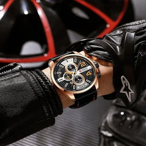 Curren 8393 High Quality Genuine Leather Straps Chronograph Men's Watch – Dial Color: Brown, Strap Color: Black – View 5