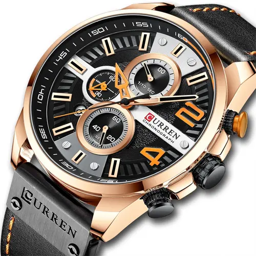 Curren 8393 High Quality Genuine Leather Straps Chronograph Men's Watch – Dial Color: Brown, Strap Color: Black – View 3
