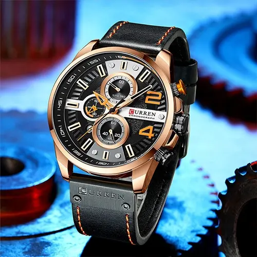 Curren 8393 High Quality Genuine Leather Straps Chronograph Men's Watch – Dial Color: Brown, Strap Color: Black – View 4