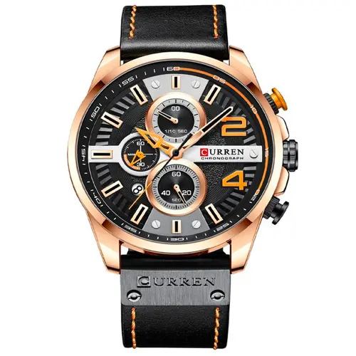 Curren 8393 High Quality Genuine Leather Straps Chronograph Men's Watch – Dial Color: Brown, Strap Color: Black – View 1