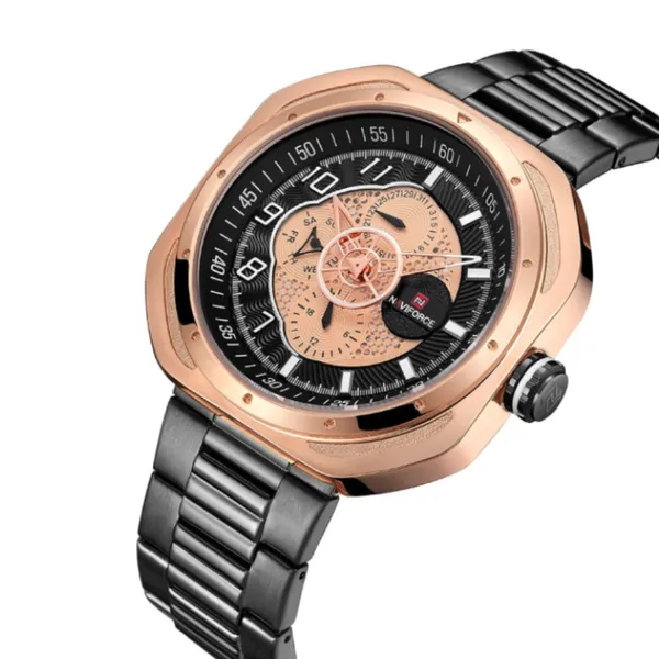 Naviforce NF9141 Luxury Stainless Steel Chronograph Men's Watch  – Dial Color: Rose, Strap Color: Black – View 2
