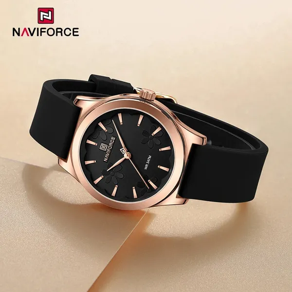 NAVIFORCE 5051 Fashion Women’s Watch 30m Waterproof Silicone Strap Casual Commuter Quartz Ladies Watch – Dial Color: Black, Strap Color: Black – View 3