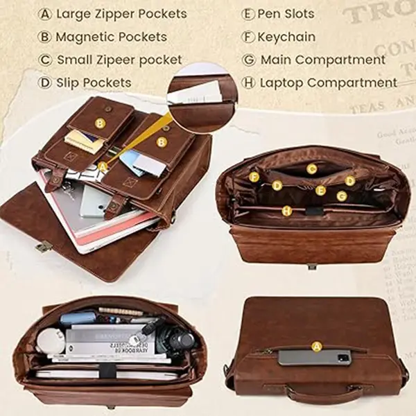 RAINSMORE Mens Messenger Bag 15.6 Inch Waterproof Leather Office Work Bag – Color: Brown – View 3