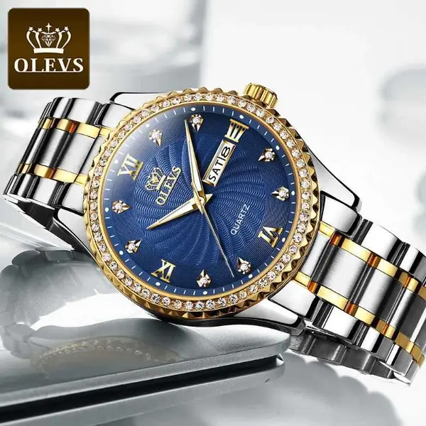Olevs 5565 Luxurious Diamond Studded Bezel Stainless Steel Men's Analog Watch – Dial Color: Blue, Strap Color: White Gold – View 3