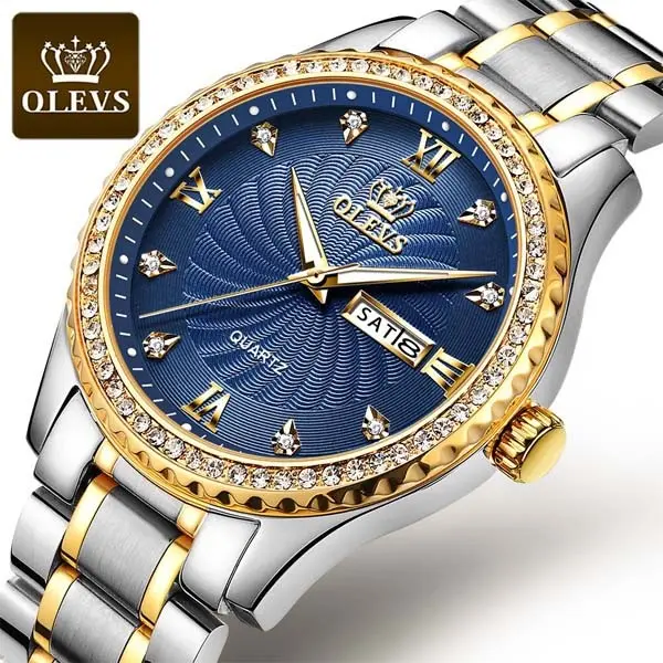 Olevs 5565 Luxurious Diamond Studded Bezel Stainless Steel Men's Analog Watch – Dial Color: Blue, Strap Color: White Gold – View 2