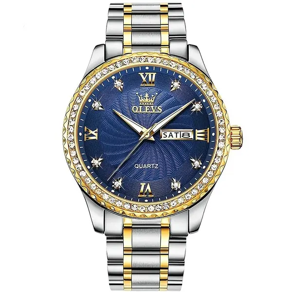 Olevs 5565 Luxurious Diamond Studded Bezel Stainless Steel Men's Analog Watch – Dial Color: Blue, Strap Color: White Gold – View 1