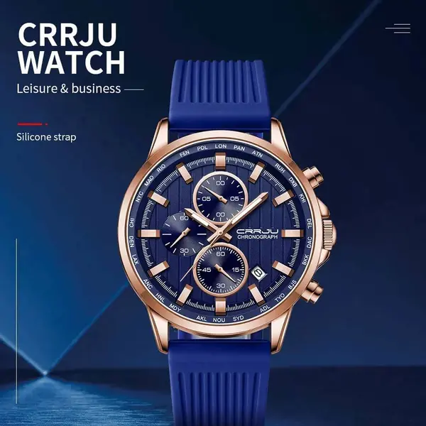 CRRJU 2315 Perfect Silicone Strap Chronometer Quartz Sport Men's Watch – Dial Color: Rose, Strap Color: Blue – View 2