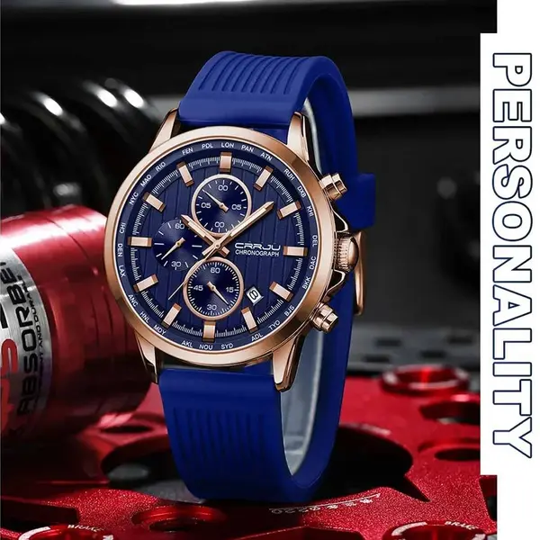 CRRJU 2315 Perfect Silicone Strap Chronometer Quartz Sport Men's Watch – Dial Color: Rose, Strap Color: Blue – View 6