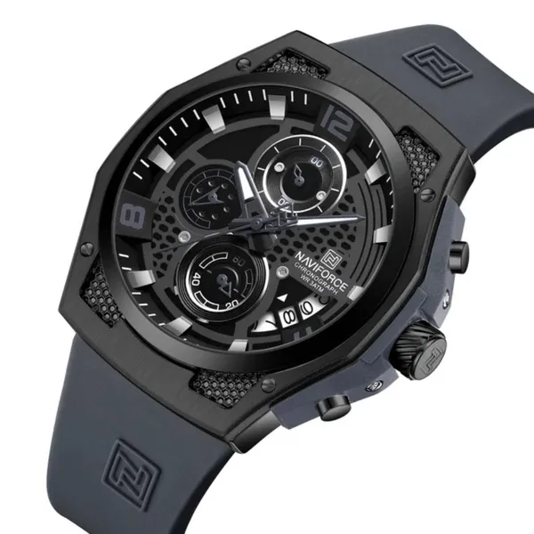 NAVIFORCE NF8051T Luxury Silicone Band Quartz Men's Watch – Dial Color: Black, Strap Color: Grey – View 2