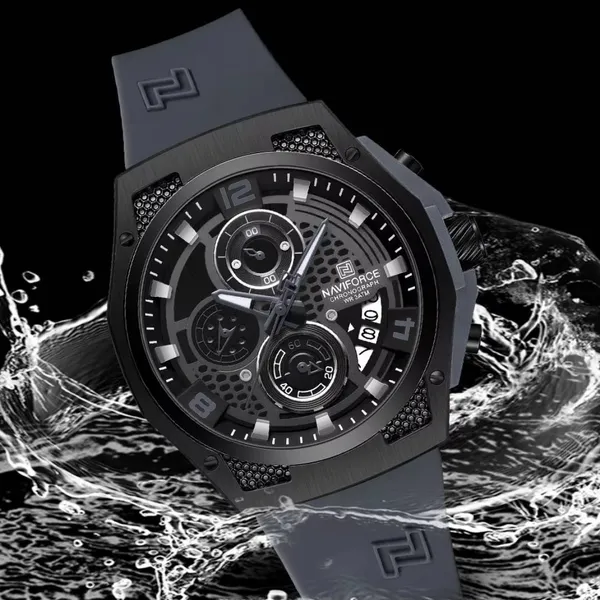 NAVIFORCE NF8051T Luxury Silicone Band Quartz Men's Watch – Dial Color: Black, Strap Color: Grey – View 4
