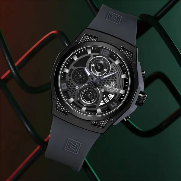 NAVIFORCE NF8051T Luxury Silicone Band Quartz Men's Watch – Dial Color: Black, Strap Color: Grey – View 5