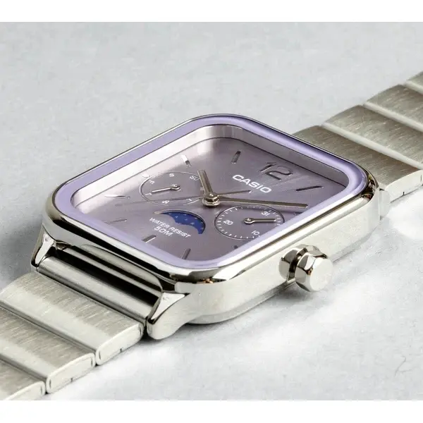 CASIO MTP-M305D-1AVDF Moon Chaser Silver Stainless Steel Chain Unisex Analog Watch – Dial Color: Purple, Strap Color: Silver – View 4
