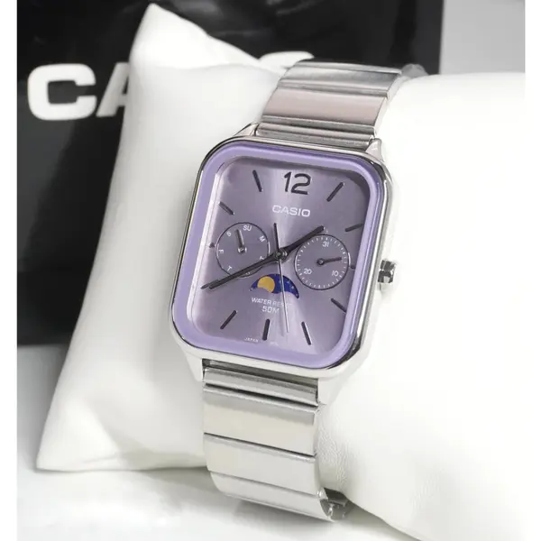 CASIO MTP-M305D-1AVDF Moon Chaser Silver Stainless Steel Chain Unisex Analog Watch – Dial Color: Purple, Strap Color: Silver – View 6