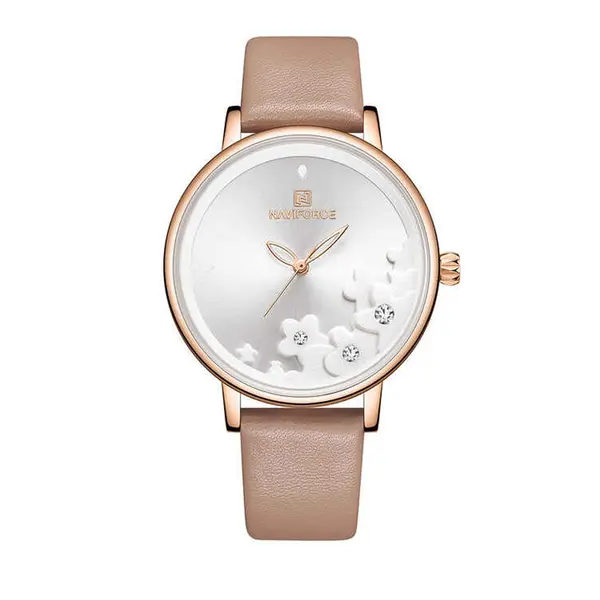 NAVIFORCE NF5012 PU Leather Analog Watch For Women – Dial Color: White, Strap Color:  Brown  – View 1