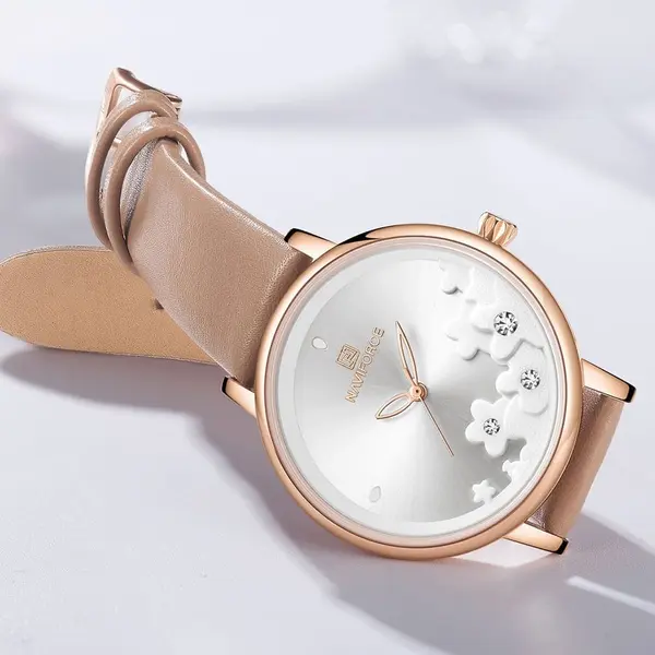 NAVIFORCE NF5012 PU Leather Analog Watch For Women – Dial Color: White, Strap Color:  Brown  – View 3