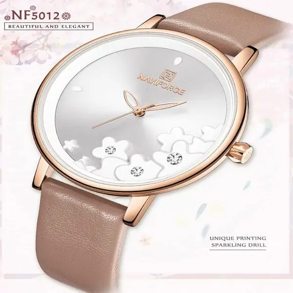 NAVIFORCE NF5012 PU Leather Analog Watch For Women – Dial Color: White, Strap Color:  Brown  – View 2