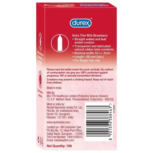 Durex Extra Thin Strawberry Flavoured Condoms (10 Pcs Pack) – View 2