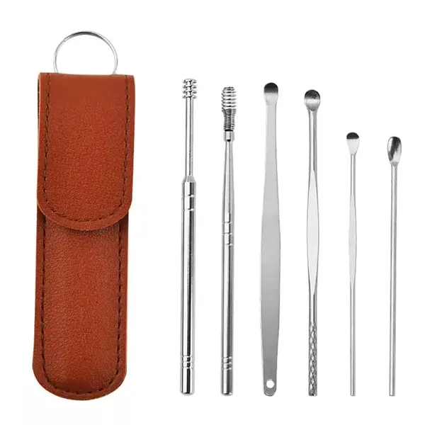 6pcs Ear Cleaning & Pick Set Portable Stainless Steel Set With Lather Case – Color: Red – View 1
