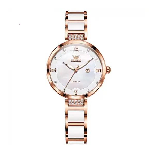 Olevs 5589 Fashion Quartz Round-dial Ceramic Analog Watch for Women – Dial Color: Brown, Strap Color:  Brown  – View 1