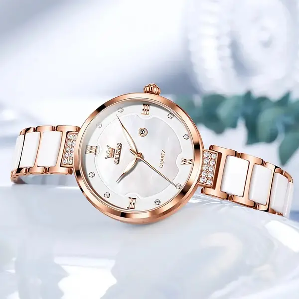 Olevs 5589 Fashion Quartz Round-dial Ceramic Analog Watch for Women – Dial Color: Brown, Strap Color:  Brown  – View 3