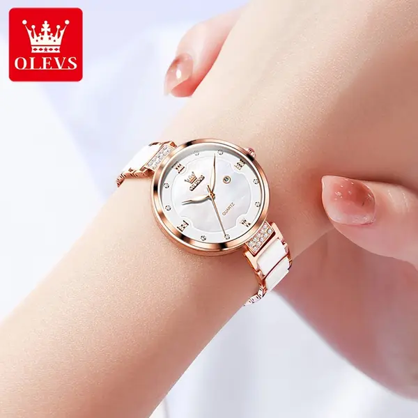 Olevs 5589 Fashion Quartz Round-dial Ceramic Analog Watch for Women – Dial Color: Brown, Strap Color:  Brown  – View 4
