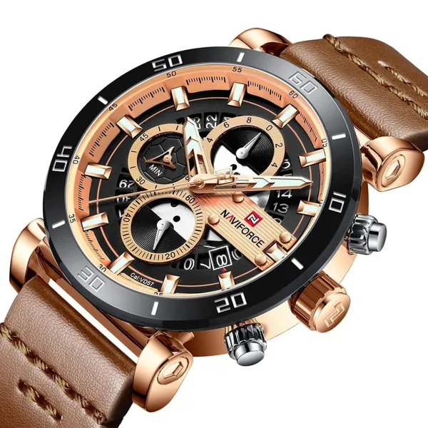 Naviforce NF9131 Analog Sports Leather Quartz Men's Watch – Dial Color: Rose, Strap Color:  Brown  – View 2