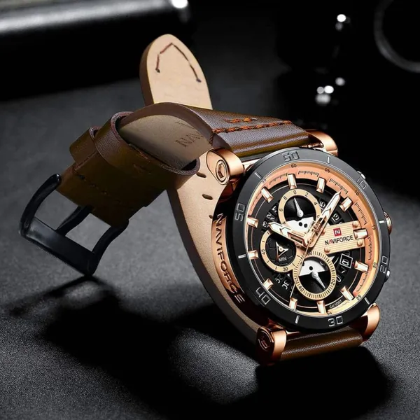 Naviforce NF9131 Analog Sports Leather Quartz Men's Watch – Dial Color: Rose, Strap Color:  Brown  – View 3