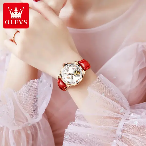 OLEVS 6601 Luxury Diamond Rose Waterproof Women's Hollow Mechanical Watch – Dial Color: White, Strap Color: Red – View 3