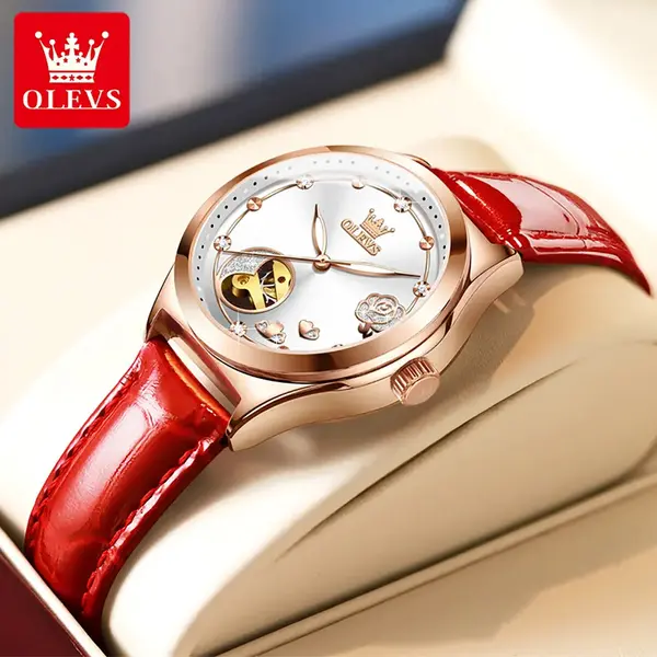 OLEVS 6601 Luxury Diamond Rose Waterproof Women's Hollow Mechanical Watch – Dial Color: White, Strap Color: Red – View 4