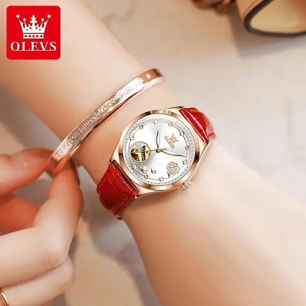 OLEVS 6601 Luxury Diamond Rose Waterproof Women's Hollow Mechanical Watch – Dial Color: White, Strap Color: Red – View 5