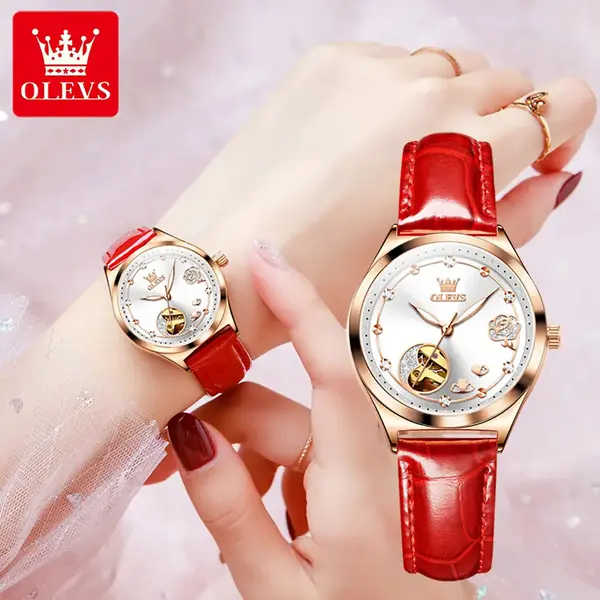 OLEVS 6601 Luxury Diamond Rose Waterproof Women's Hollow Mechanical Watch – Dial Color: White, Strap Color: Red – View 2