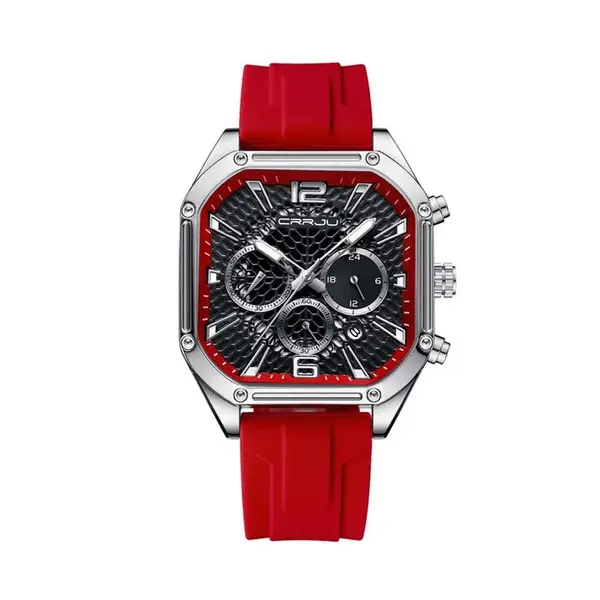 CRRJU 2311 Comfortable Silicone Band Multifunctional Sports Men's Watch – Dial Color: Silver, Strap Color: Red – View 1