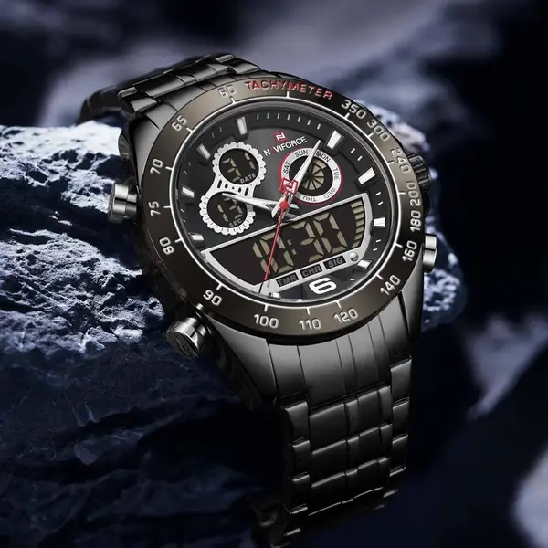 Naviforce NF9188 Luxury Stainless Steel Strap Analog Digital Sports Men's Watch – Dial Color: Black, Strap Color: Black – View 3