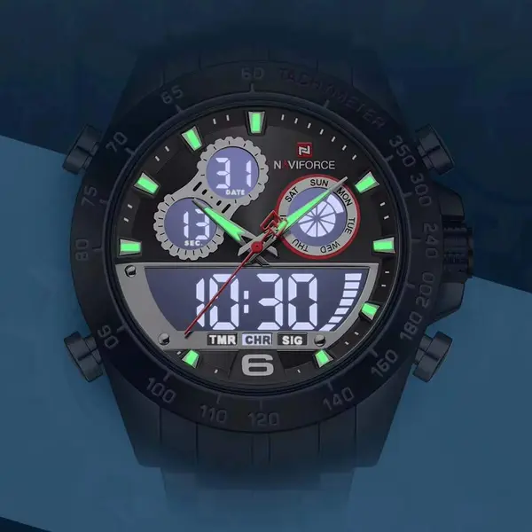 Naviforce NF9188 Luxury Stainless Steel Strap Analog Digital Sports Men's Watch – Dial Color: Black, Strap Color: Black – View 5