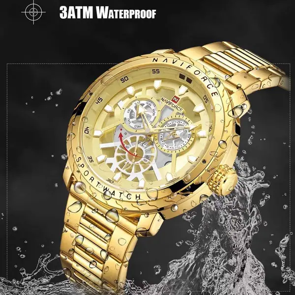 Naviforce NF9158 Luxury Stainless Steel Multifunctional Quartz Men's Watch – Dial Color: Gold, Strap Color: Gold  – View 4