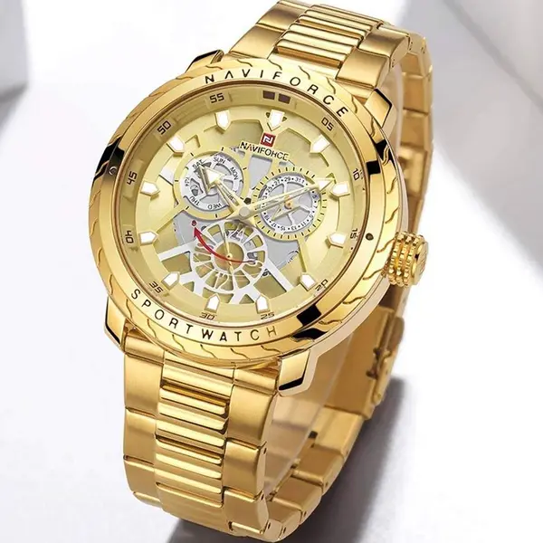 Naviforce NF9158 Luxury Stainless Steel Multifunctional Quartz Men's Watch – Dial Color: Gold, Strap Color: Gold  – View 5