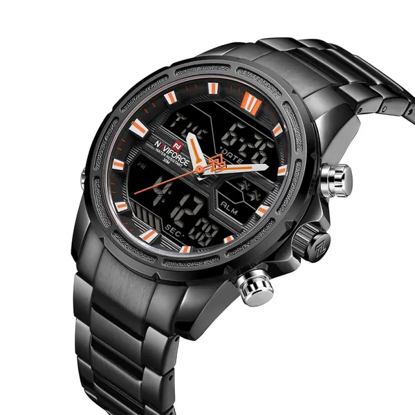 Naviforce NF9138 Luxurious Stainless Steel Men's Watch – Dial Color: Orange, Strap Color: Black – View 2