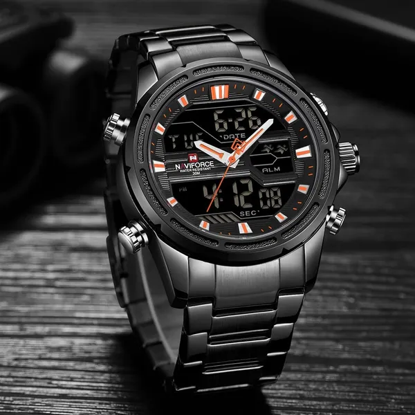 Naviforce NF9138 Luxurious Stainless Steel Men's Watch – Dial Color: Orange, Strap Color: Black – View 3