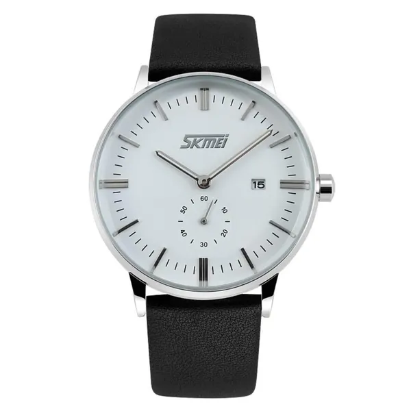 SKMEI 9083 Analog PU Leather Strap Quartz Men's Watch – Dial Color: White, Strap Color: Black – View 1