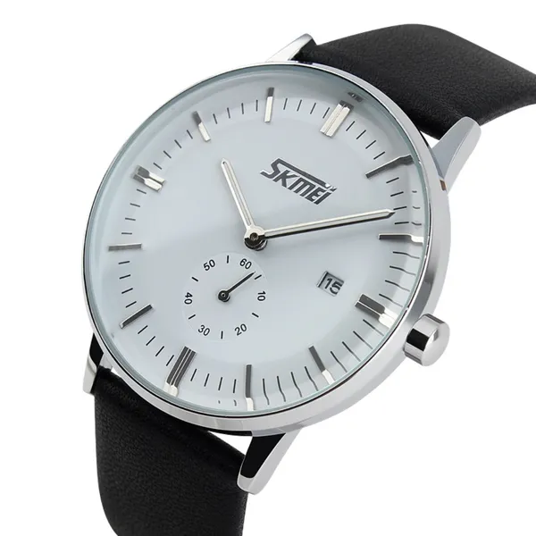 SKMEI 9083 Analog PU Leather Strap Quartz Men's Watch – Dial Color: White, Strap Color: Black – View 2