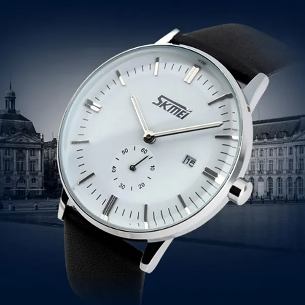 SKMEI 9083 Analog PU Leather Strap Quartz Men's Watch – Dial Color: White, Strap Color: Black – View 3