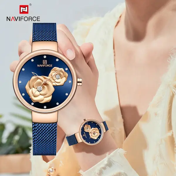 NAVIFORCE NF5013 Mesh Stainless Steel Analog Watch For Women – Dial Color: Blue, Strap Color: Blue – View 3
