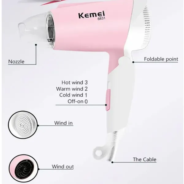 Kemei KM-6831 Essential Dry Care Foldable Hair Dryer for Women – View 3