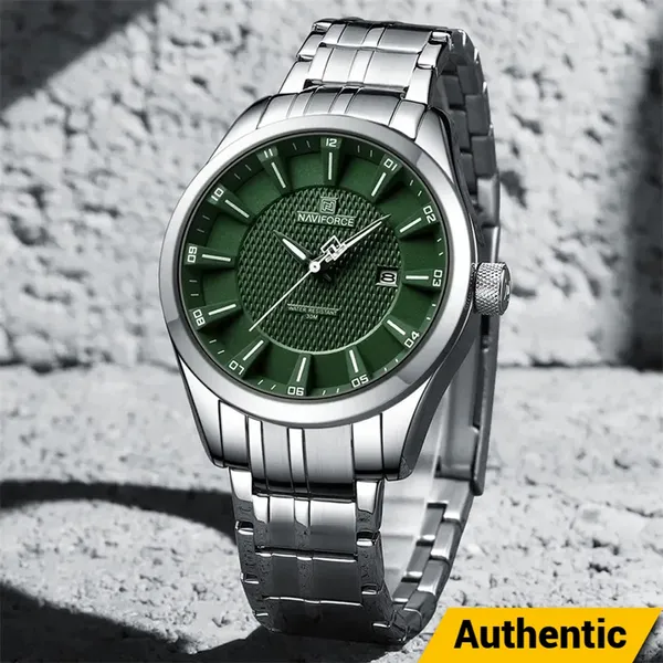 Naviforce 8032 Stainless Steel And Multifunction Waterproof Men's Watch – Dial Color: Green, Strap Color: Silver – View 2